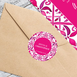 Roze Spaanse talavera bruiloft monogram gedrukt Ronde Sticker