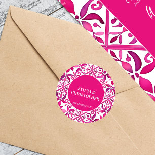 Roze Spaanse talavera bruiloft monogram gedrukt Ronde Sticker