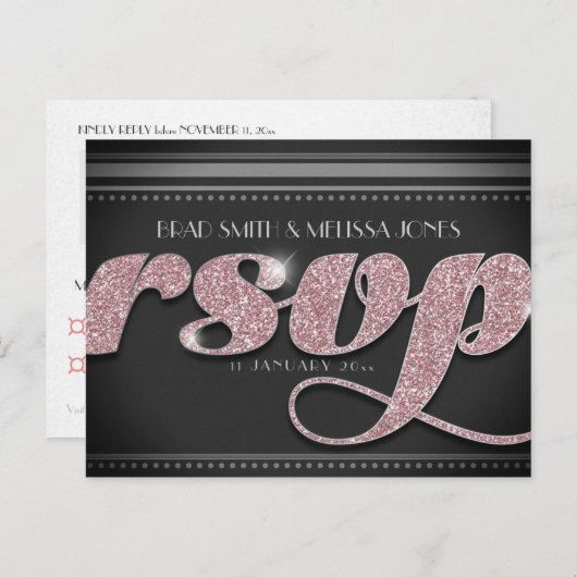 Roze spaarpjes op Stijlzwart RSVP-Briefkaart Uitnodiging Briefkaart (Voorkant / Achterkant)