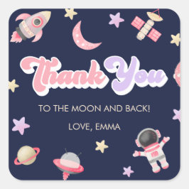 Roze Space Moon en Stars Birthday Dank je Vierkante Sticker