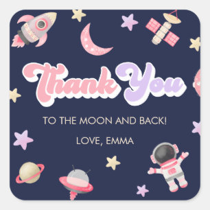 Roze Space Moon en Stars Birthday Dank je Vierkante Sticker