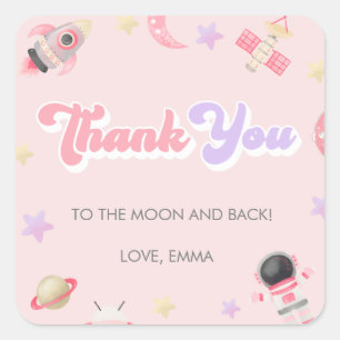 Roze Space Moon en Stars Birthday Dank je Vierkante Sticker