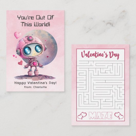 Roze Space Robot Budget Classroom Valentijnsdag Notitiekaartje (Voorkant / Achterkant)