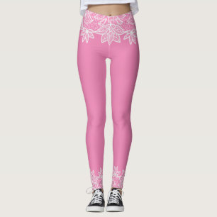 Roze spandex leggings met wit kant look