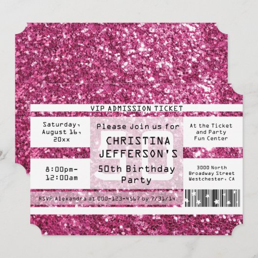 Roze Sparkle 50e verjaardag Party Ticket Kaart (Voorkant / Achterkant)