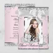 Roze Sparkle Bow Tiara Foto Sweet 16 Uitnodiging (Voorkant / Achterkant)