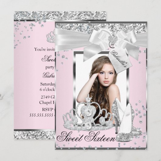 Roze Sparkle Bow Tiara Foto Sweet 16 Uitnodiging (Voorkant / Achterkant)
