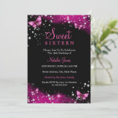Roze Sparkle Butterfly Diamond Sweet 16 Uitnodigen Kaart (Staand voorkant)