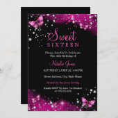 Roze Sparkle Butterfly Diamond Sweet 16 Uitnodigen Kaart (Voorkant / Achterkant)