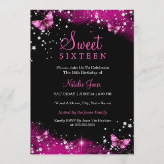 Roze Sparkle Butterfly Diamond Sweet 16 Uitnodigen Kaart