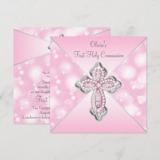 Roze Sparkle Cross Eerste Heilige Communie Kaart (Voorkant / Achterkant)