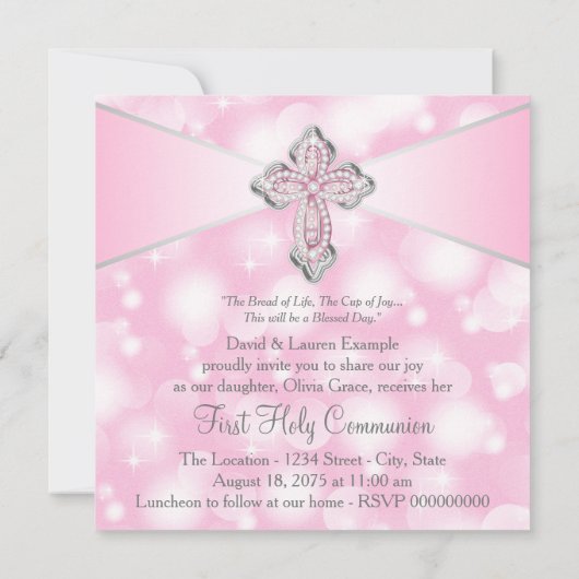 Roze Sparkle Cross Eerste Heilige Communie Kaart (Achterkant)