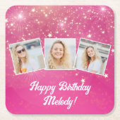 Roze Sparkle Foto Collage Meisjes Verjaardagsfeest Kartonnen Onderzetters (Voorkant)