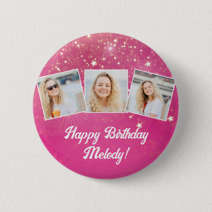 Roze Sparkle Foto Collage Meisjes Verjaardagsfeest Ronde Button 5,7 Cm