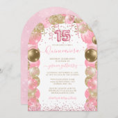 Roze Sparkle Glam Quinceañera Balloon Uitnodiging (Voorkant / Achterkant)
