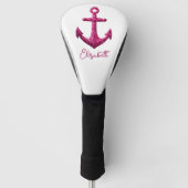 Roze Sparkle Glitter Nautisch Zeilanker Naam Golfheadcover (Voorkant)