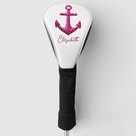 Roze Sparkle Glitter Nautisch Zeilanker Naam Golfheadcover (Voorkant)