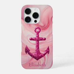 Roze Sparkle Glitter Nautisch Zeilanker Naam iPhone 16 Pro Hoesje
