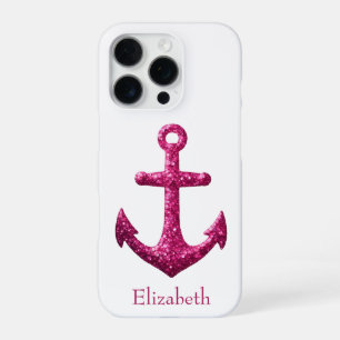 Roze Sparkle Glitter Nautisch Zeilanker Naam iPhone 16 Pro Hoesje