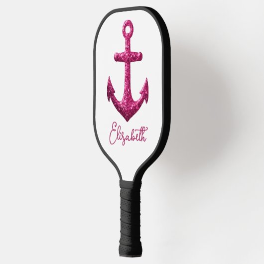 Roze Sparkle Glitter Nautisch Zeilanker Naam Pickleball Paddle (Links)