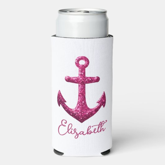 Roze Sparkle Glitter Nautisch Zeilanker Naam Seltzer Blikjeskoeler (Seltzer Achterkant)