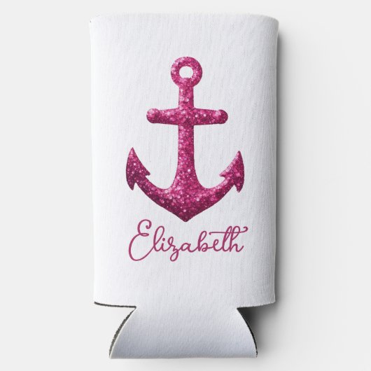 Roze Sparkle Glitter Nautisch Zeilanker Naam Seltzer Blikjeskoeler (Achterkant)