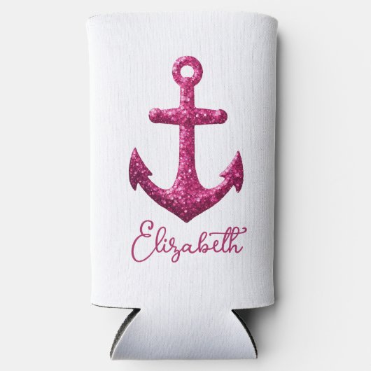 Roze Sparkle Glitter Nautisch Zeilanker Naam Seltzer Blikjeskoeler (Voorkant)
