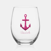 Roze Sparkle Glitter Nautisch Zeilanker Naam Wijnglas Zonder Voet (Voorkant)