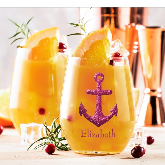 Roze Sparkle Glitter Nautisch Zeilanker Naam Wijnglas Zonder Voet