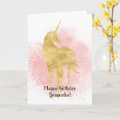 Roze Sparkle Gouden Eenhoorn Verjaardag Kaart (Gele Bloem)