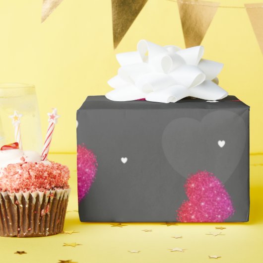 Roze Sparkle Hearts op zwart Cadeaupapier (Verjaardagsfeest)