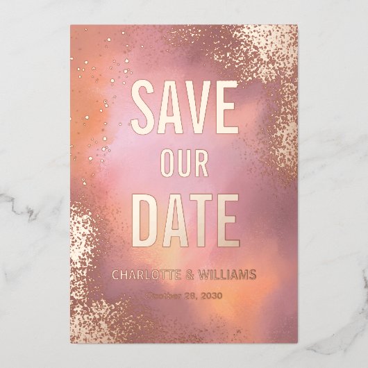 Roze Sparkle Hombre foto overlay bewaar de datum Folie Uitnodiging (Voorkant)