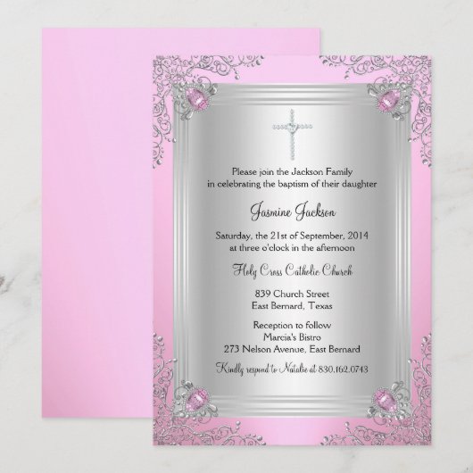 Roze Sparkle Jewel Baptism/Christening Uitnodiging (Voorkant / Achterkant)