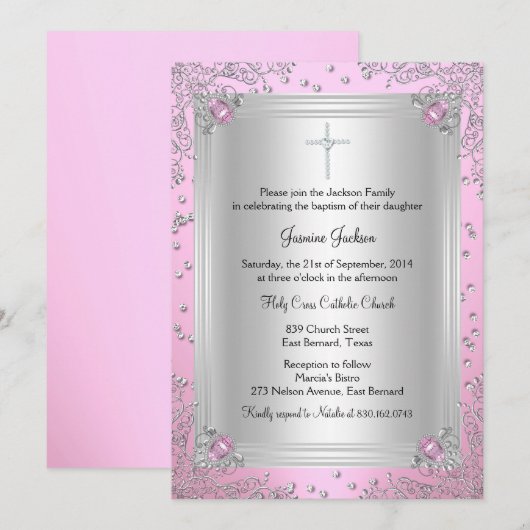 Roze Sparkle Jewel Baptism/Christening Uitnodiging (Voorkant / Achterkant)