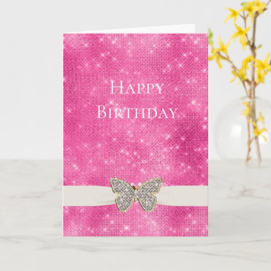 Roze Sparkle Jeweled Butterfly Kaart (Gele Bloem)