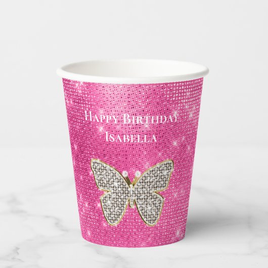Roze Sparkle Jeweled Butterfly Papieren Bekers (Voorkant)