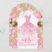 Roze Sparkle Jurk Quinceañera Ballon Uitnodiging (Voorkant / Achterkant)