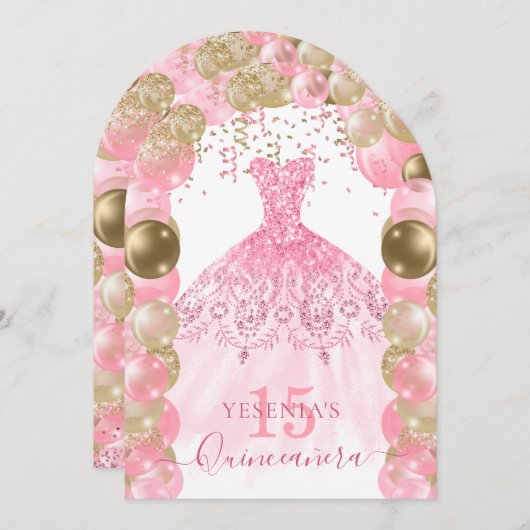 Roze Sparkle Jurk Quinceañera Ballon Uitnodiging (Voorkant / Achterkant)