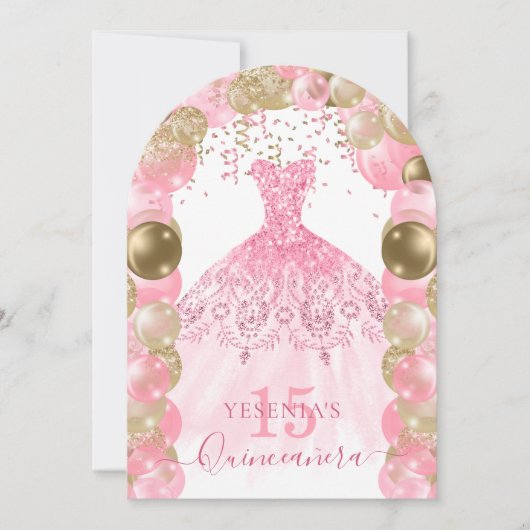 Roze Sparkle Jurk Quinceañera Ballon Uitnodiging (Voorkant)