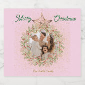  Roze Sparkle Kerst Custom Foto Sparkling Wijnetiket (Enkel label)