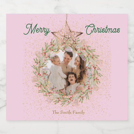  Roze Sparkle Kerst Custom Foto Sparkling Wijnetiket (Enkel label)