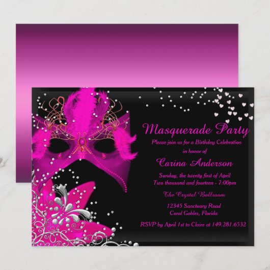 Roze Sparkle Masquerade Birthday Uitnodiging (Voorkant / Achterkant)