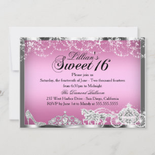 Roze Sparkle Princess Theme Sweet 16 Invite Kaart