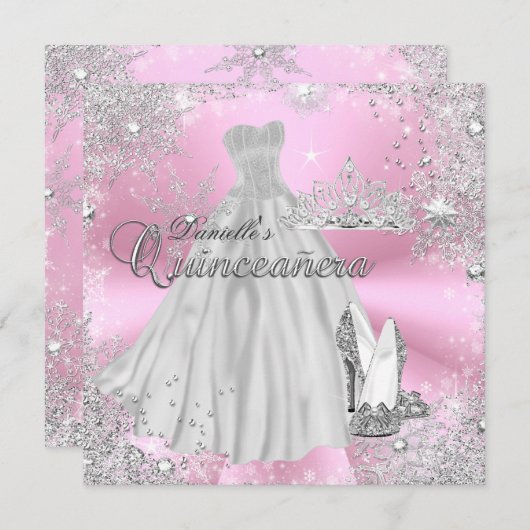 Roze Sparkle Snowflake Quinceanera Uitnodiging (Voorkant / Achterkant)