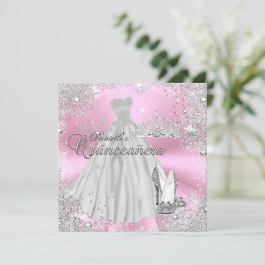 Roze Sparkle Snowflake Quinceanera Uitnodiging (Staand voorkant)