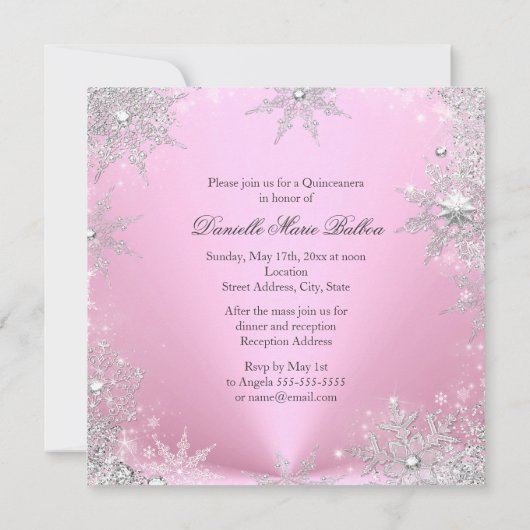 Roze Sparkle Snowflake Quinceanera Uitnodiging (Achterkant)