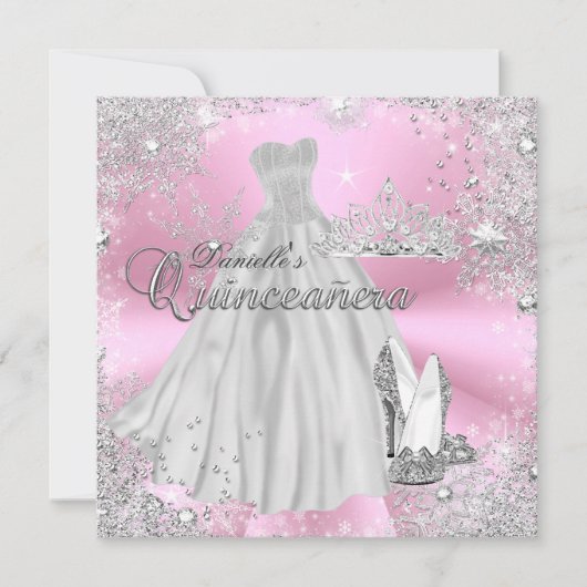 Roze Sparkle Snowflake Quinceanera Uitnodiging (Voorkant)
