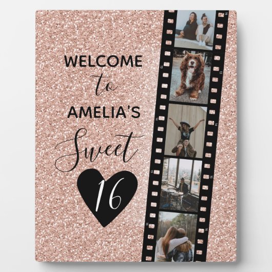 Roze Sparkle Sweet 16 Birthday Welkomstfoto Fotoplaat (Voorkant)