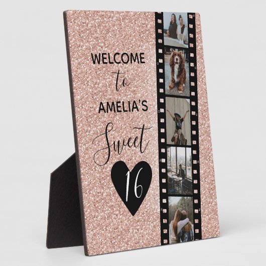 Roze Sparkle Sweet 16 Birthday Welkomstfoto Fotoplaat (Zijkant)