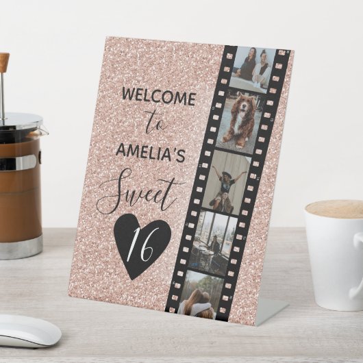 Roze Sparkle Sweet 16 Birthday Welkomstfoto Reclamebord Met Voetstuk (Insitu)